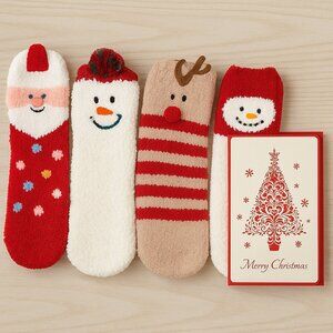 4Pk Women Christmas Fuzzy Fluffy Socks - Winter Warm Cozy Crew- Stocking Stuffer